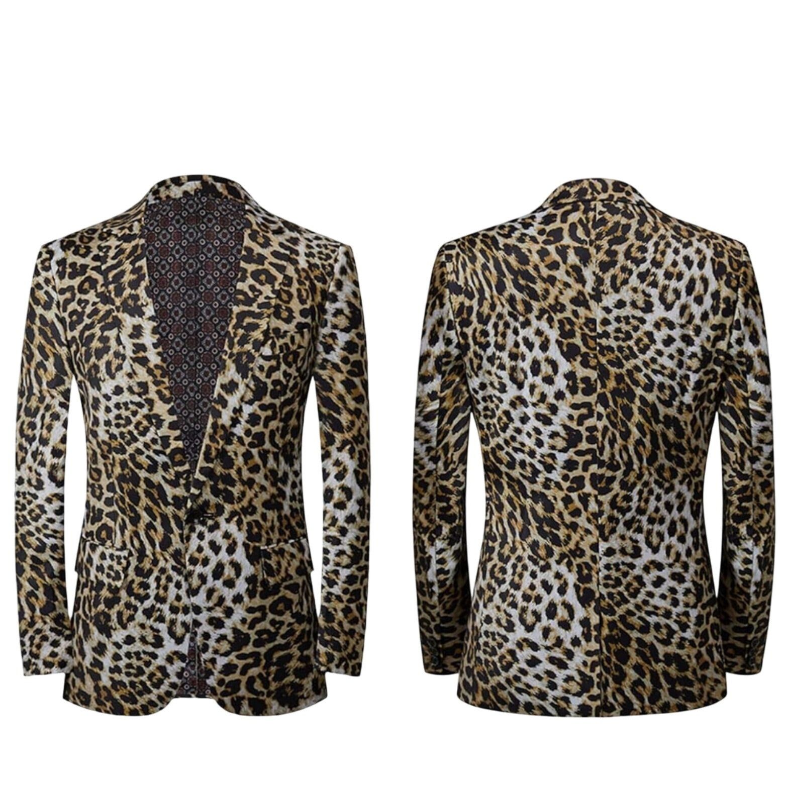 Leopard Print Mens Satin Blazer Jacket L/46 Single-Breasted