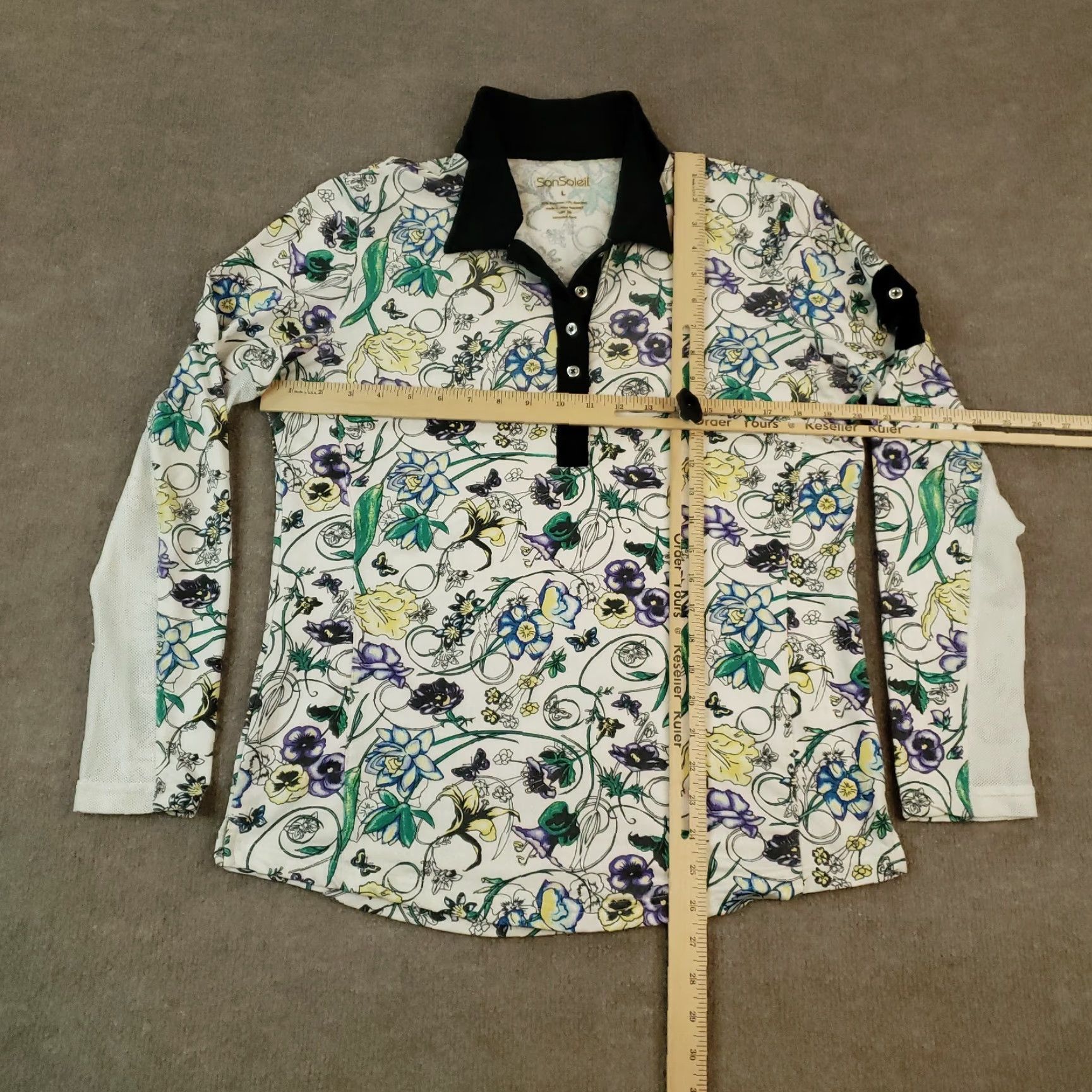 Vintage San Soleil Women's Long Sleeve Polo Shirt, White Floral, Large, Breathable, UV 50 SPF, Stretch Mesh Size L / US 10 / IT 46 - 2 Thumbnail
