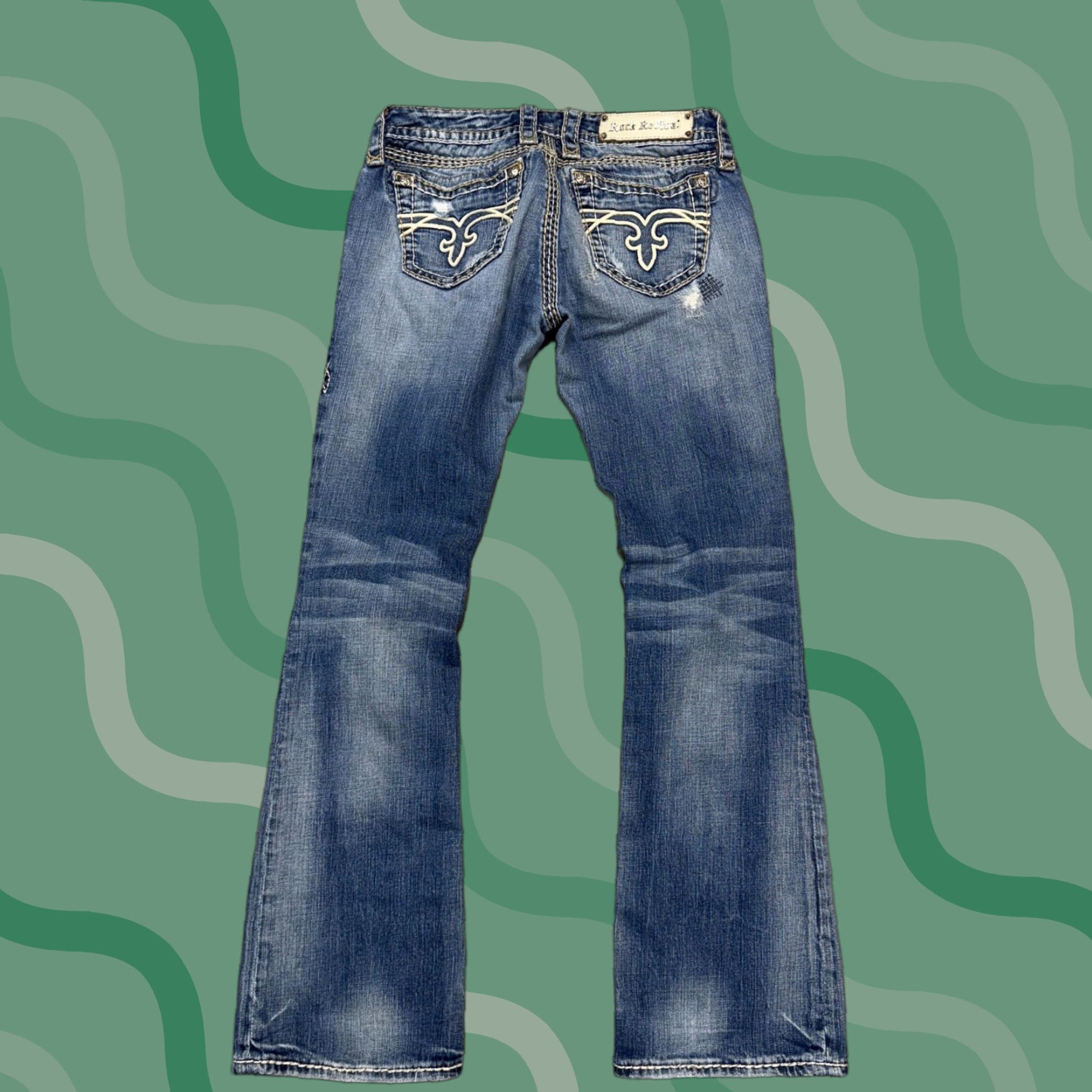 Vintage Rock Revival Jeans Womens Bootcut Blue 28 Distressed Mid Rise Denim Slim Embroidered Logo Pockets Button Inseam 33 Zip Vintage No Size 28" / US 6 / IT 42 - 1 Thumbnail