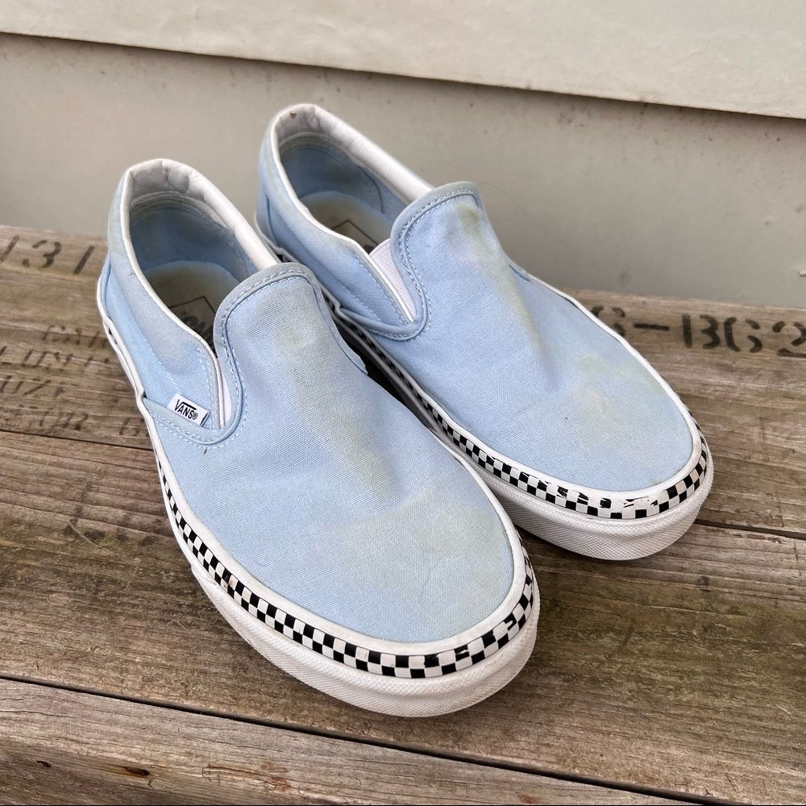 Light blue slip on vans with checkered stripe best sale