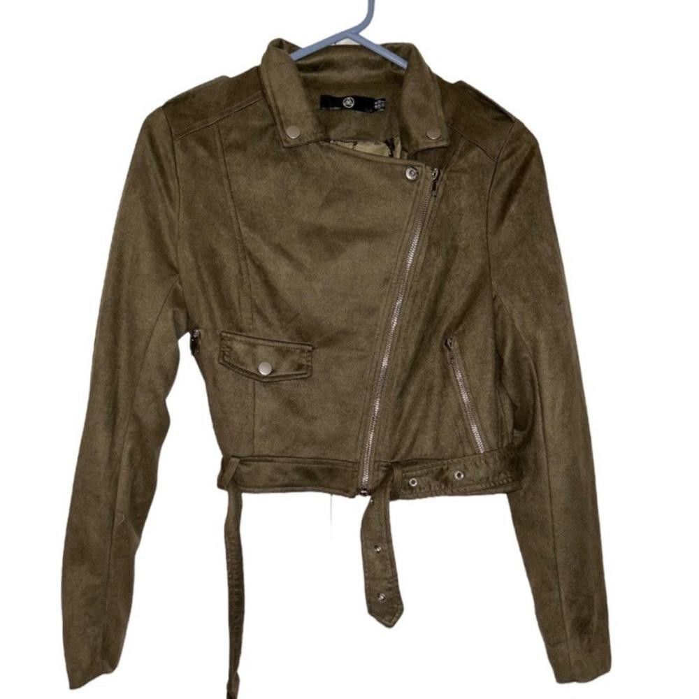 Designer Missguided l Faux Suede Olive Green Moto Jacket Size 2 Size XS / US 0-2 / IT 36-38 - 2 Thumbnail