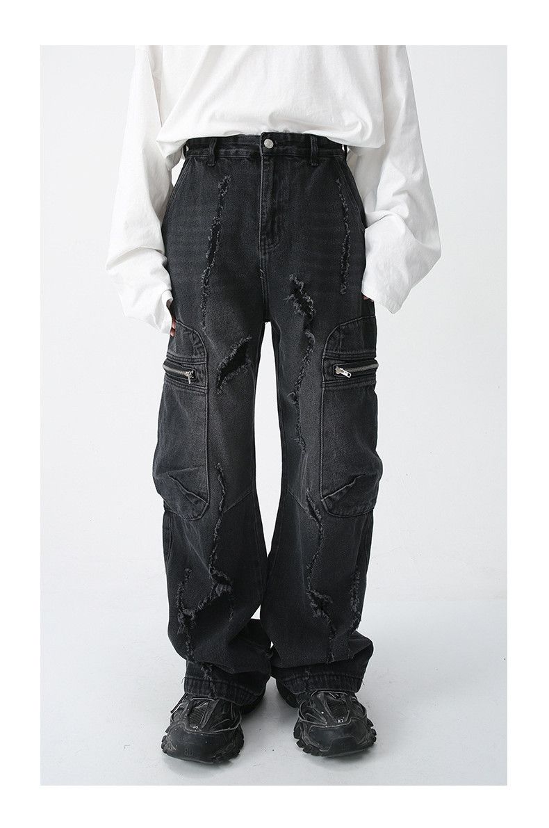 image of Distressed Denim Ripped Cargo Baggy Jeans in Black, Men's (Size 32)