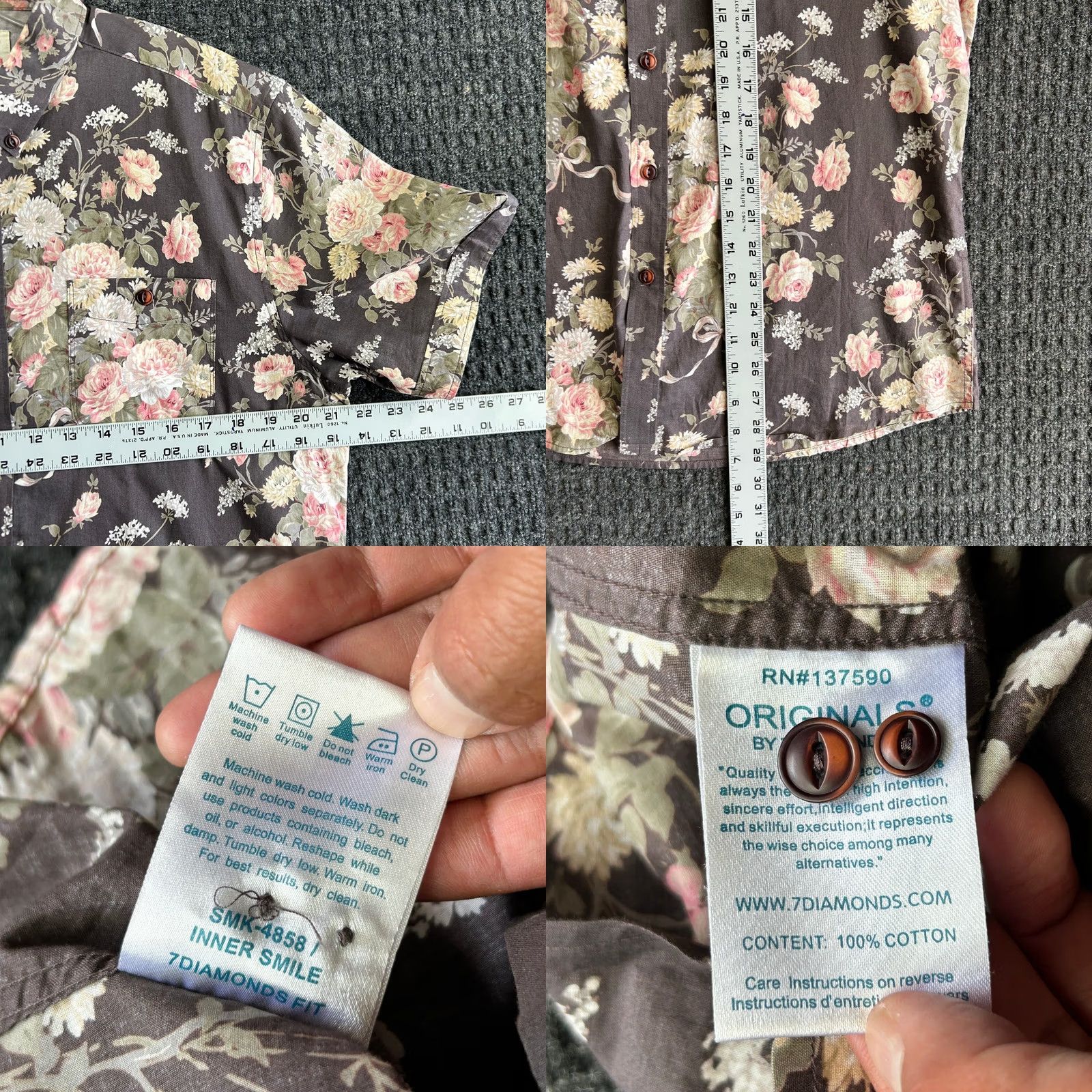 Vintage VINTAGE 7 Diamonds Mens Short Sleeve Button Down Shirt L Floral Hawaiian Gray Size US L / EU 52-54 / 3 - 8 Thumbnail