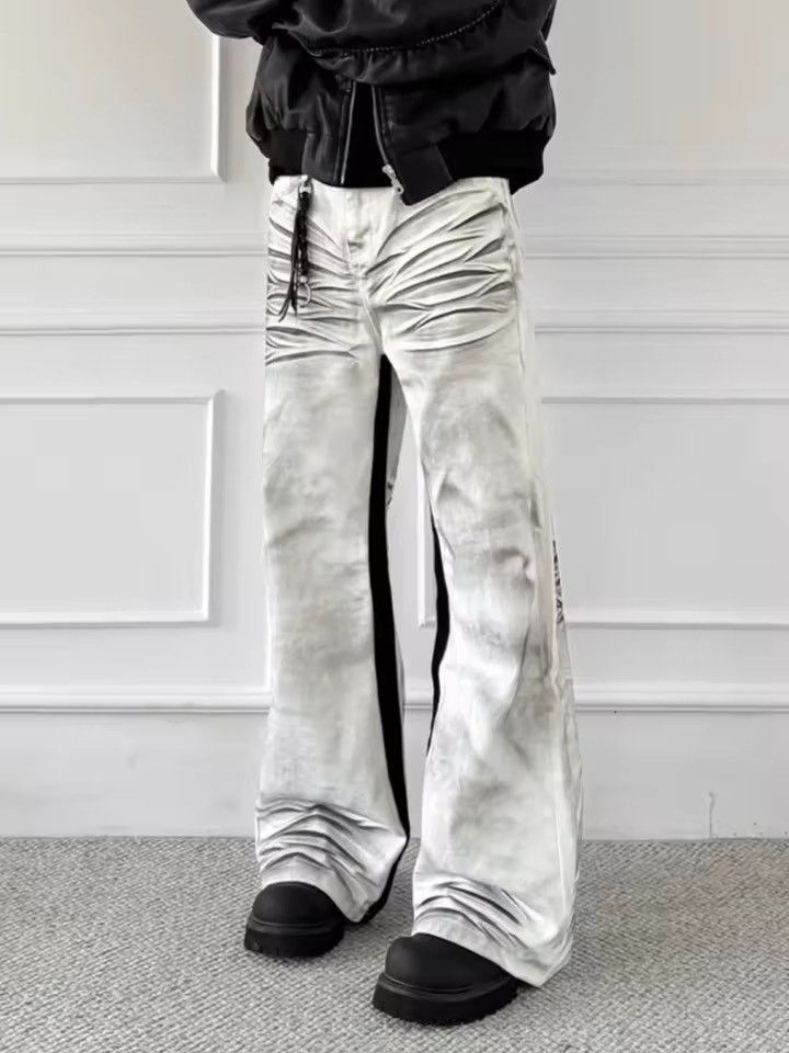 Japanese Brand Stacked Ruched Flare Denim – White Grey Wash Cargo Carpenter Size US 27 - 5 Thumbnail