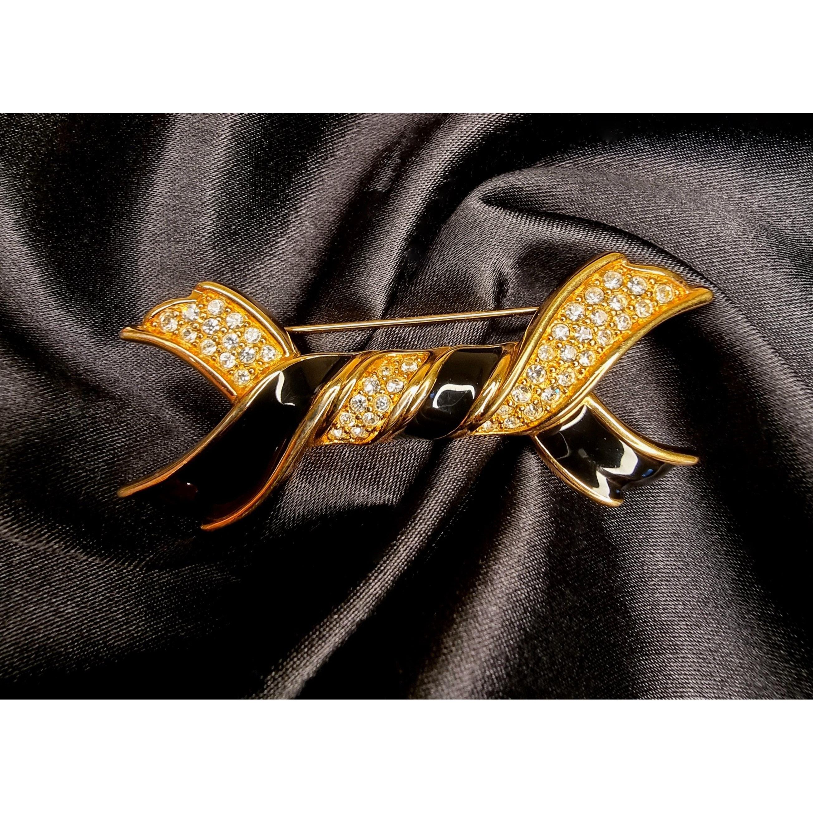 Swarovski Vintage SWAROVSKI Signed Ribbon Gold and Black Crystals Broo Size ONE SIZE - 2 Thumbnail