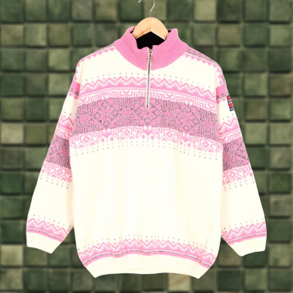 SAS ASA GJESTAL SPINNERI Norway Nordic Fair Isle Zip Neck Wool Jumper Sweater Men M White / Pink Knit 1/4 Zip All Seasons Classic Designer Jumpers Mens Size US M / EU 48-50 / 2 - 1 Thumbnail