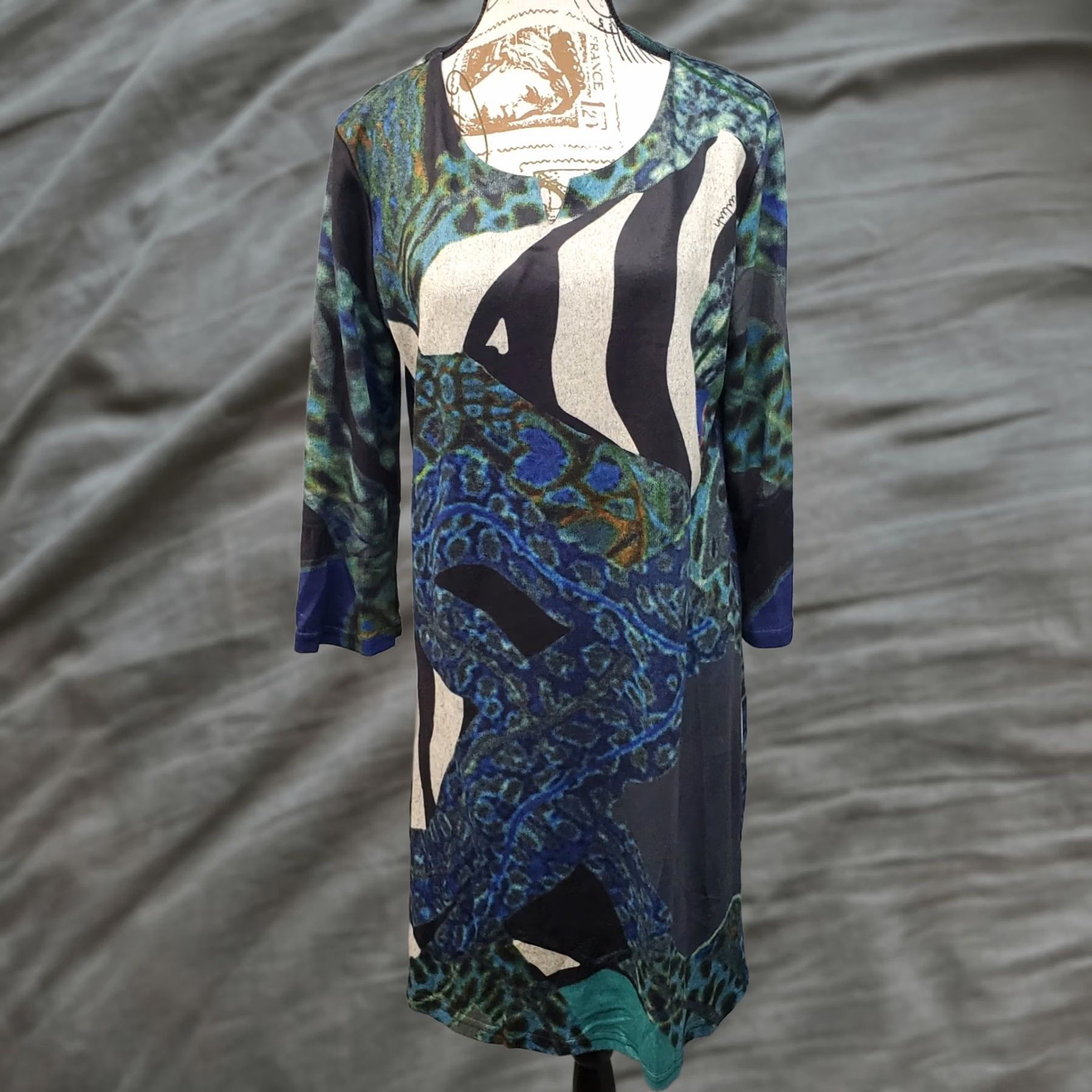 Vintage Simply Couture Sweater Dress - Womens M Multi Peacock Print Lined Cut V Round Neck Size M / US 6-8 / IT 42-44 - 1 Thumbnail