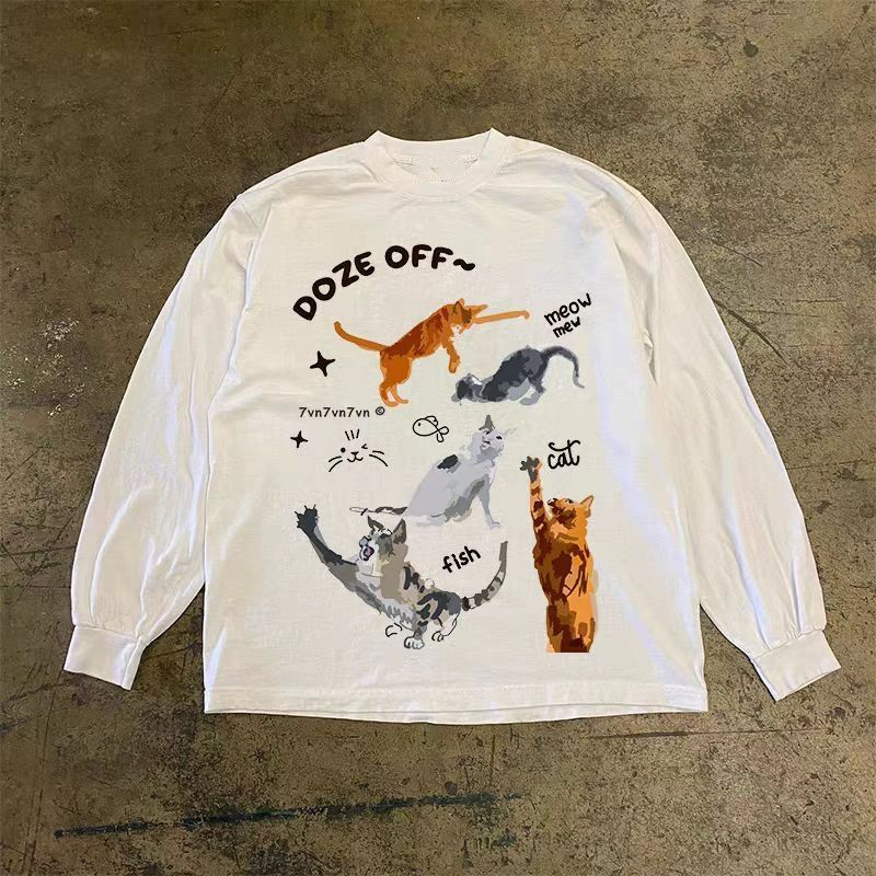 Vintage White washed retro cute cat print long-sleeved t-shirt Size US M / EU 48-50 / 2 - 1 Thumbnail