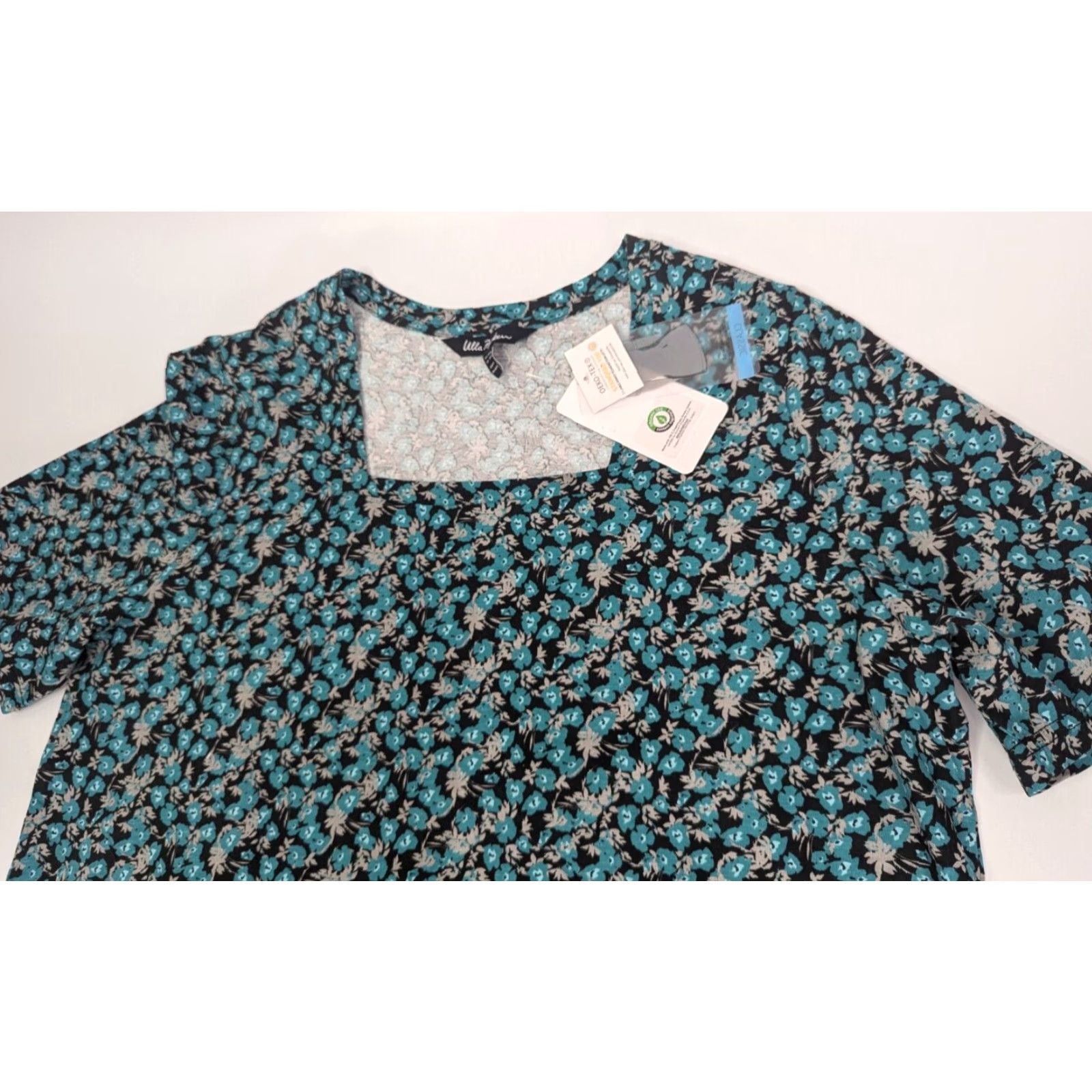 Vintage NWT Ulla Popken Classic Floral Tee Square Neck Short Sleeve Plus Sz 16/18 Turquoise Blue Women's T-Shirt Oeko-Tex Size XXL / US 16-18 / IT 52-54 - 2 Thumbnail