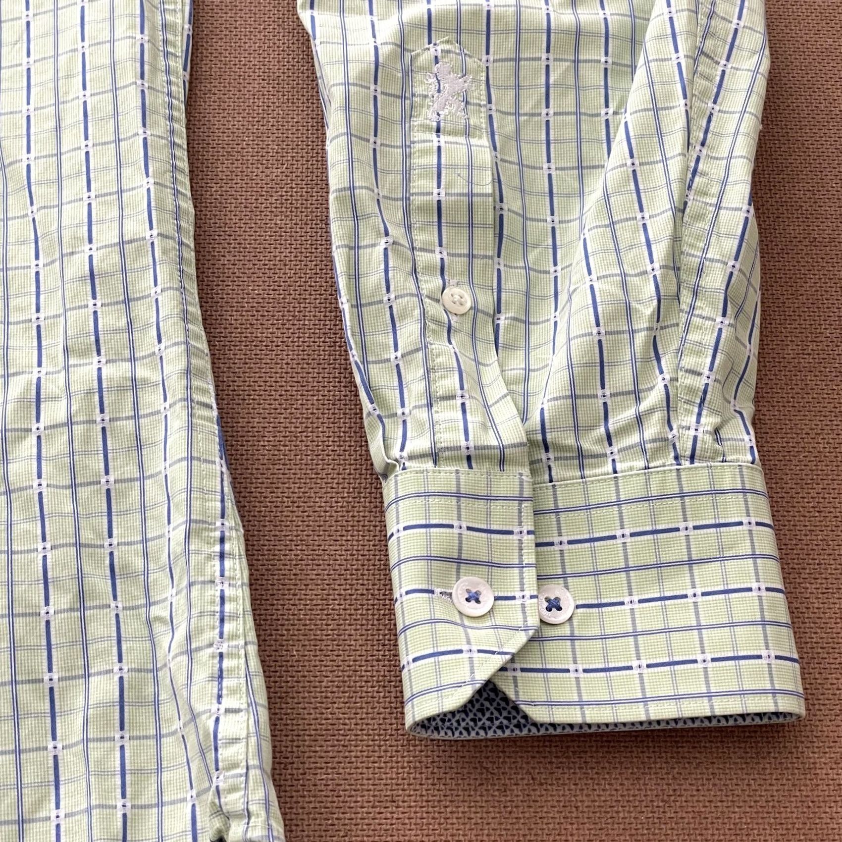BUGATCHI BUGATCHI Green Blue Plaid Dress Shirt Mens Regular Size 17.5 Size 48R - 5 Thumbnail