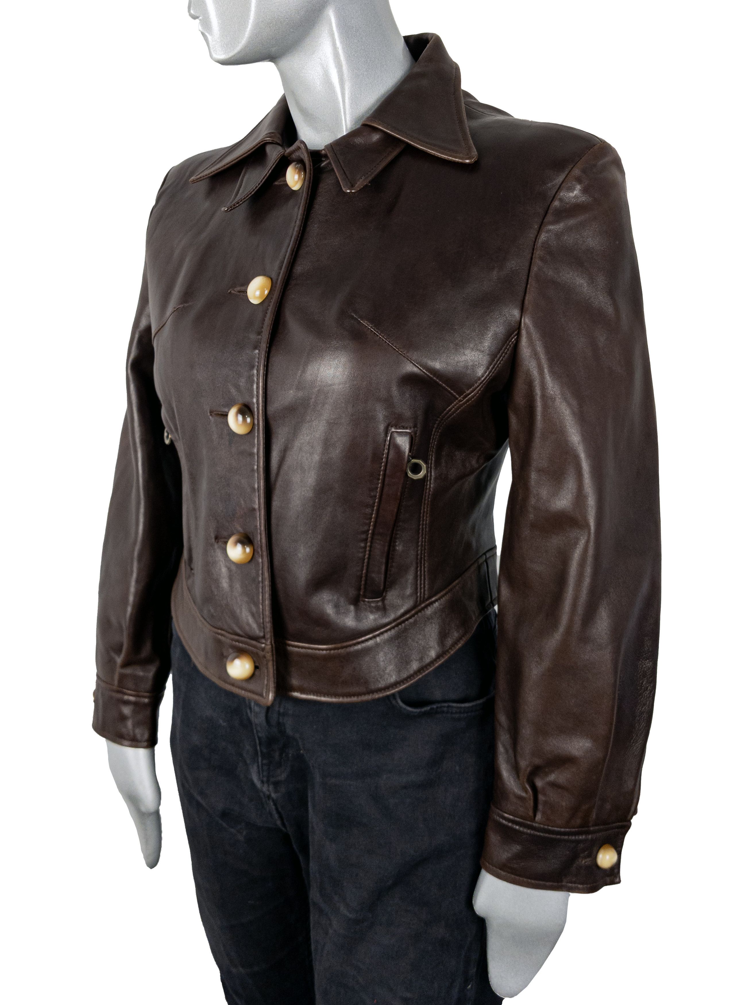Vintage Vintage UK Women's Brown Cropped Leather Button Down Jacket Size L / US 10 / IT 46 - 6 Thumbnail