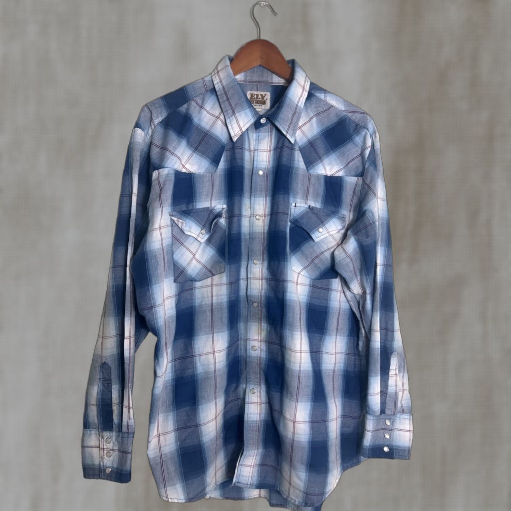 Vintage Ely Cattlemen Mens XL Short Sleeve Pearl Snap Shirt Blue Plaid Cotton Size US XL / EU 56 / 4 - 1 Thumbnail