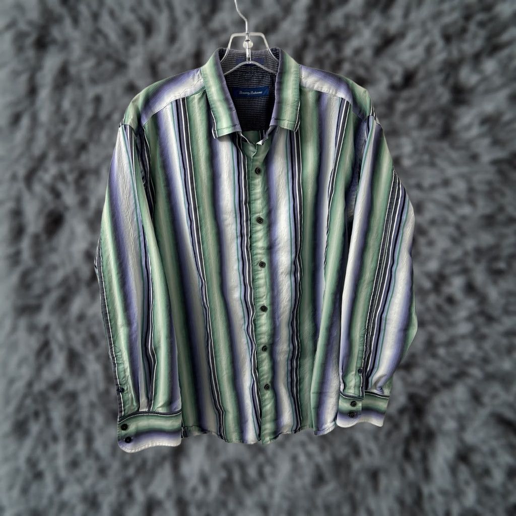 Tommy Bahama Tommy Bahama Shirt Mens XL Green Blue Striped Silk Blend Button Down L/S Size US XL / EU 56 / 4 - 1 Thumbnail