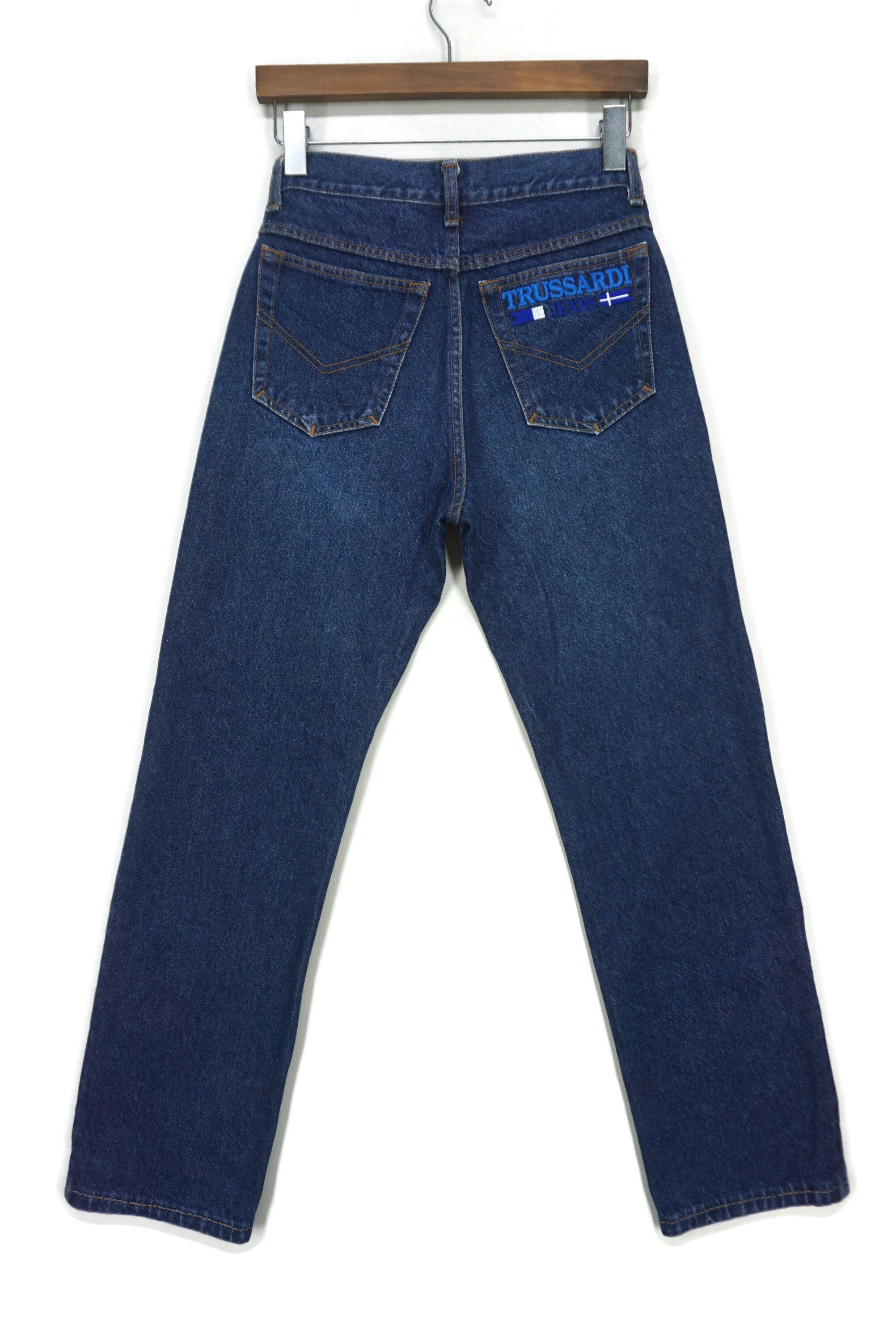 image of Trussardi Embroidered Logo High Rise High Waisted Tapered Ankle Jeans in Blue, Men's (Size 28)