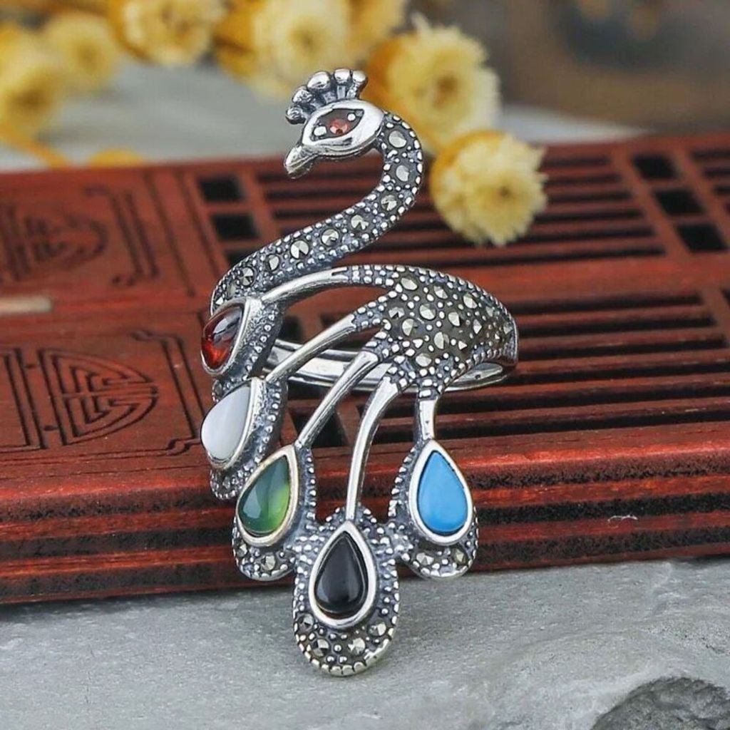 Other Natural Multi Stone Peacock Silver Adjustable Ring Size ONE SIZE - 1 Thumbnail