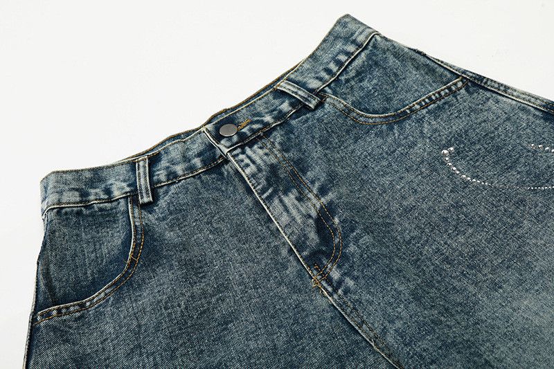 Jean American hot-stamped rhinestone letter washed curved jeans Size US 32 / EU 48 - 3 Thumbnail