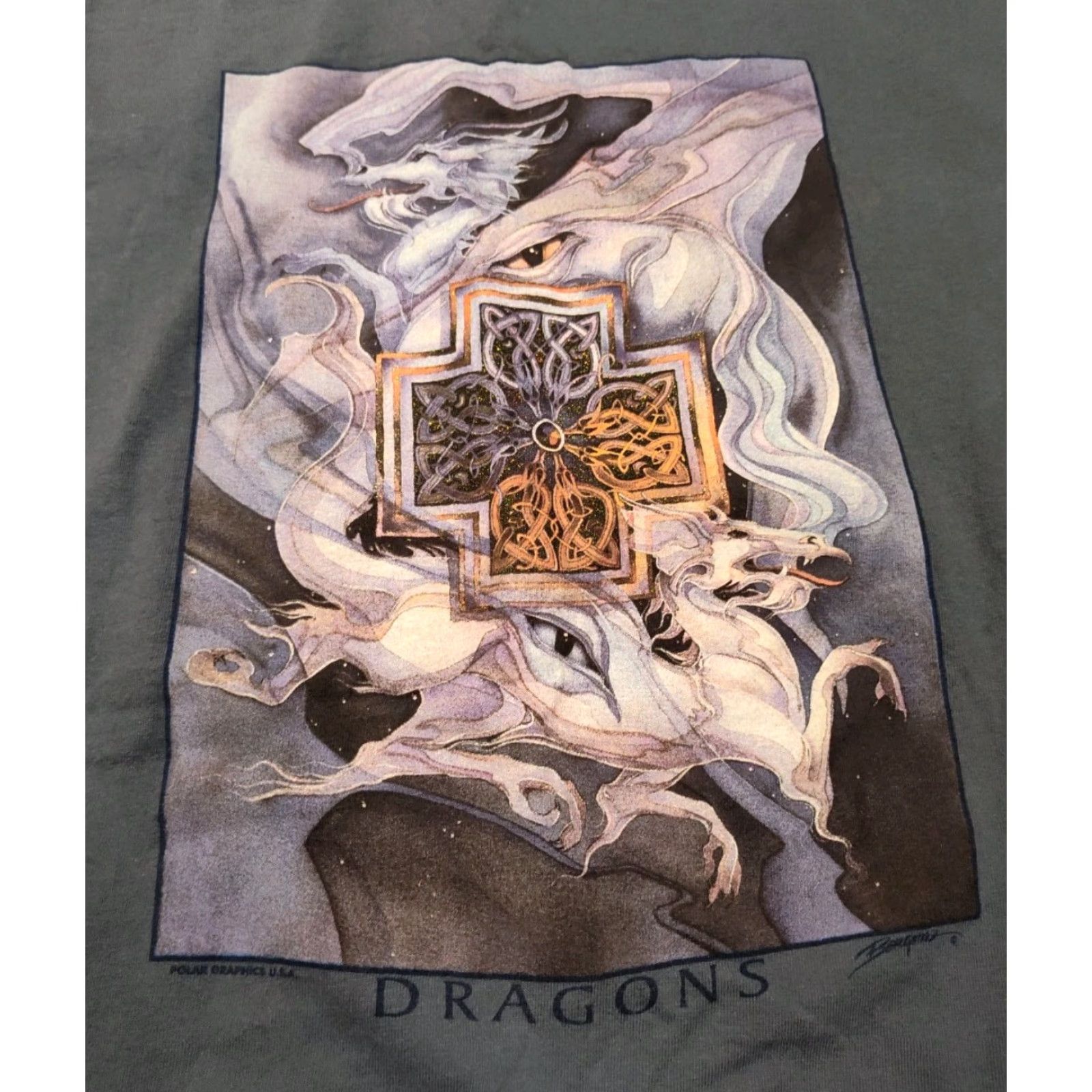Vintage VINTAGE Port and Company Dragon Celtic Graphic Tee Shirt XL Gray Unisex Adults 100% Cotton 90s Art Jody Bergsma Short Sleeve Crew Neck Shirt Size US XL / EU 56 / 4 - 2 Thumbnail