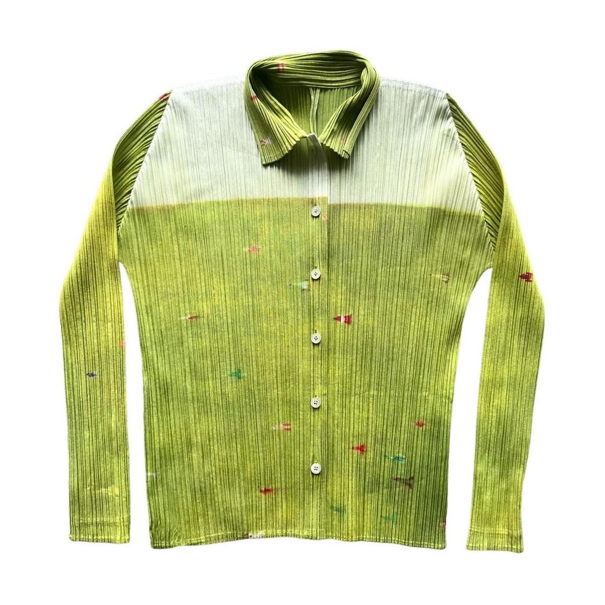 image of Pleats Please Issey Miyake Printed Button-Up Blouse in Green, Women's