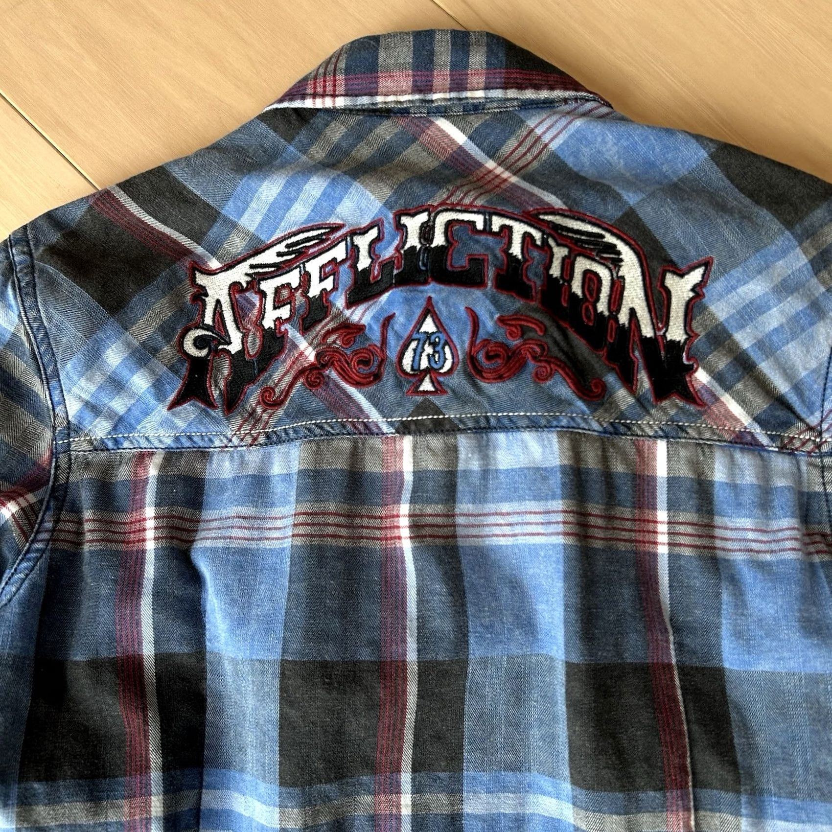 Affliction Affliction Button-Up Shirt Women’s Small Blue Plaid Lace-Up Embroidered Rhinestone Knit Long Sleeve Casual Top Size S / US 4 / IT 40 - 2 Thumbnail