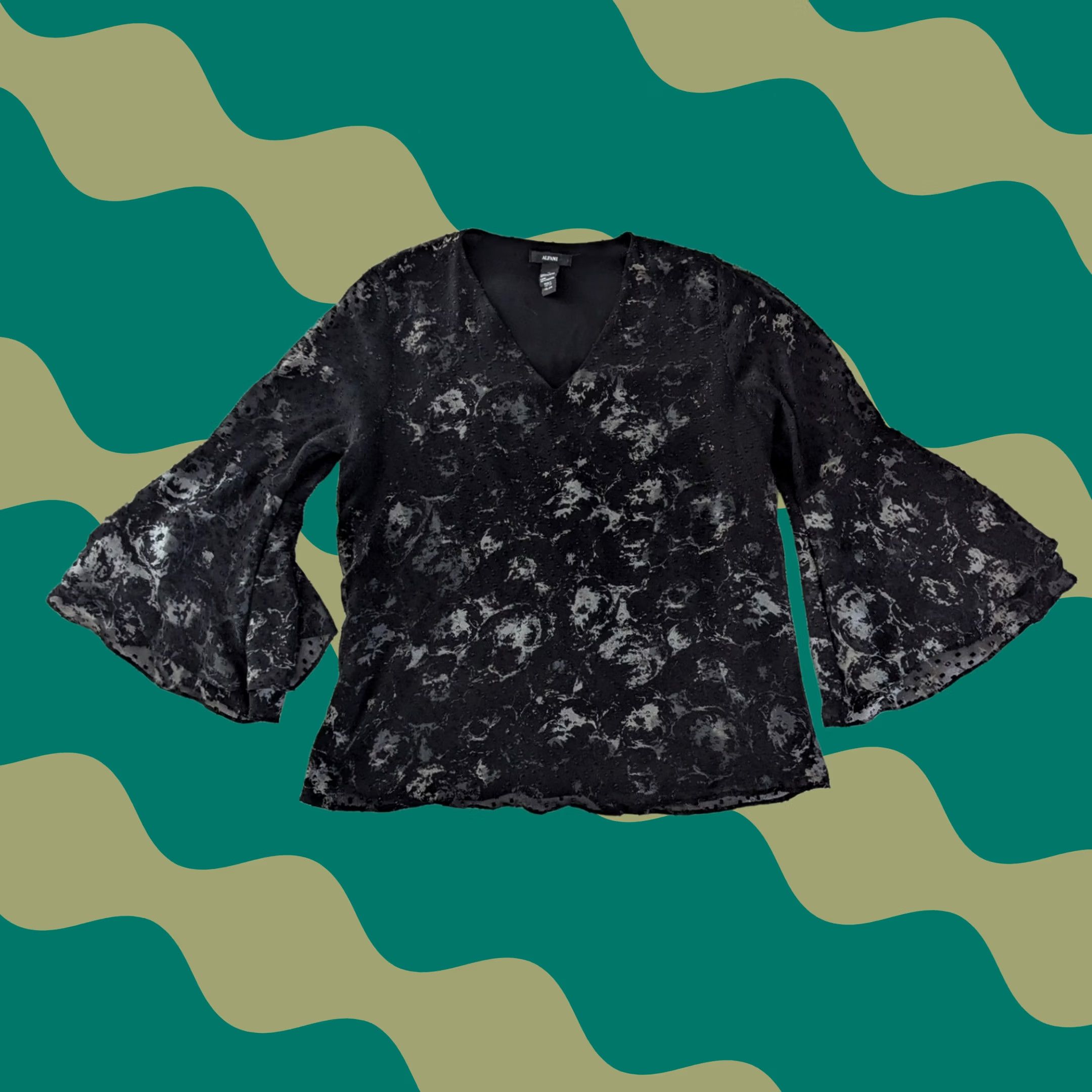 Alfani Alfani Black Floral Burnout Bell Sleeve V-Neck Lined Blouse Top Womens Sz Med Size M / US 6-8 / IT 42-44 - 1 Thumbnail