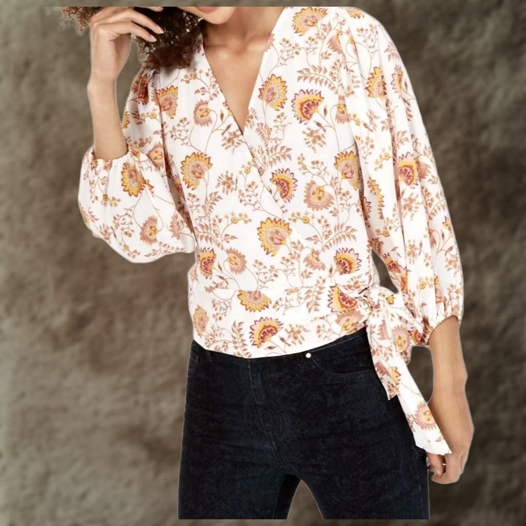 Vintage 1. STATE Blouse Womens Large White Floral Wrap Tie Waist V Neck 3/4 Sleeve Top Size L / US 10 / IT 46 - 1 Thumbnail