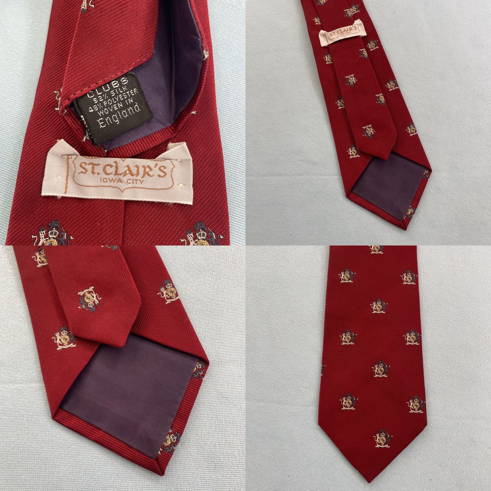 Vintage St. Clair's vtg Necktie Clubs English Woven Silk Poly Tie Unicorn Crest Red 3x57 Size ONE SIZE - 10 Thumbnail