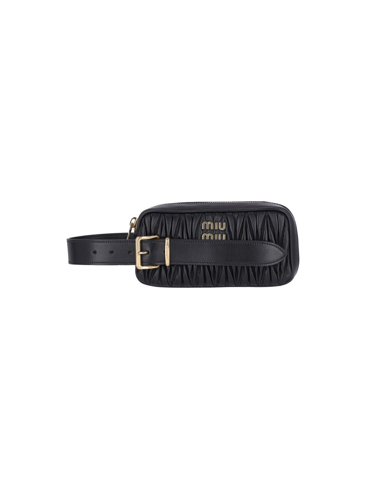 image of Miu Miu Miumiu Logo Matelassé Leather Pouch in Black, Women's