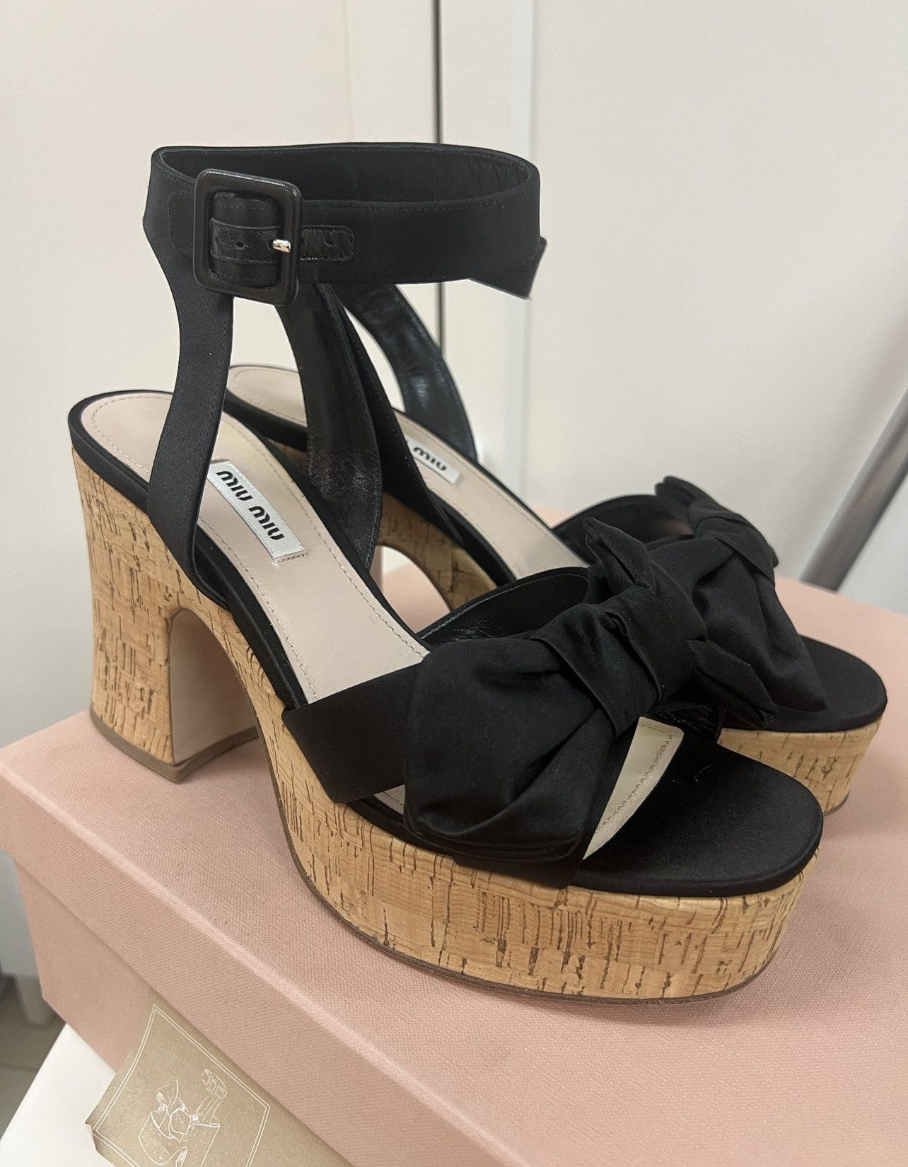 Miu Miu 🔥 Miu Miu Satin bow cork platform sandals shoes Size US 9 / IT 39 - 2 Thumbnail