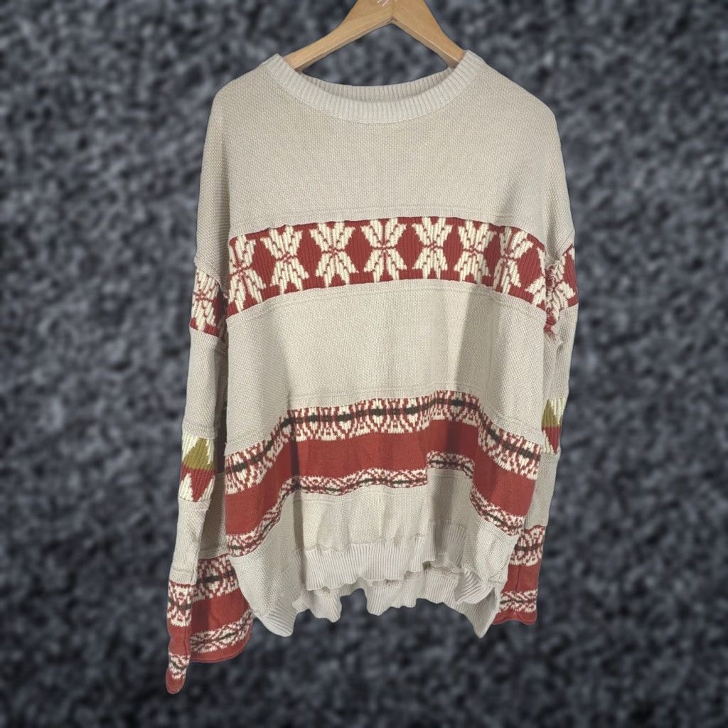 Vintage WE THE FREE Womens Pullover Sweater Casual Knit Geometric Beiges Beige Crew Neck Waffle Knit Oversized Relaxed Fit Bell Sleeve L Tribal Pattern Size L / US 10 / IT 46 - 1 Thumbnail