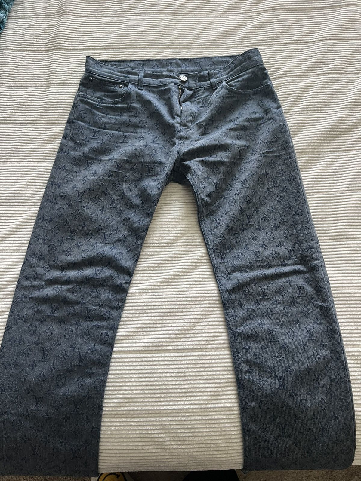 image of Louis Vuitton Dark Blue Monogram Jeans in Dark Blue Denim, Men's (Size 31)