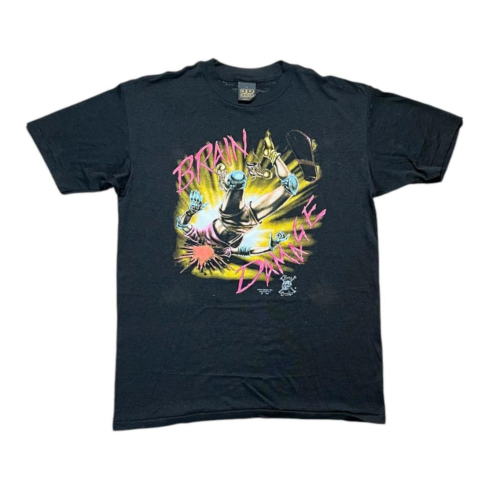 Designer Vintage 90s Bone Cracker Brain Damage 3D Emblem Black Tee Size US L / EU 52-54 / 3 - 1 Thumbnail