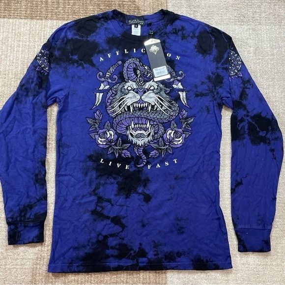 NWT AFFLICTION BRAWL CITY BLUE LONG SLEEVE T-SHIRT SZ SMALL