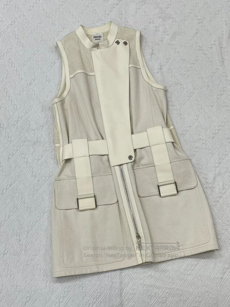 Hermes White Lace-Up Patchwork Leather Vest Dress, Sleevel