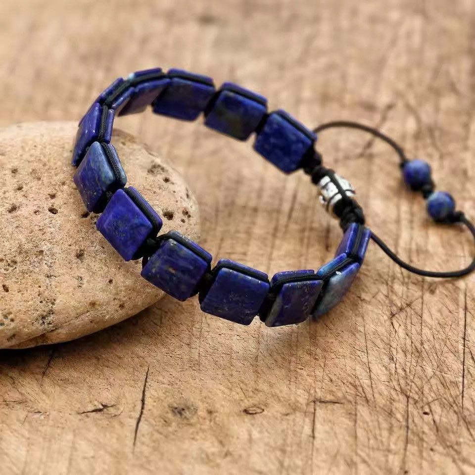 Handmade 10mm Square Lapiz Lazuli Stone Beads Braided Bracelet Size ONE SIZE - 3 Thumbnail