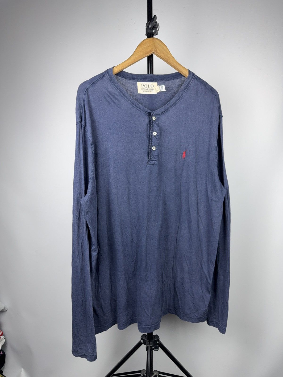 Polo Denim & Supply Faded USA Henley Long Sleeve Blue Tee