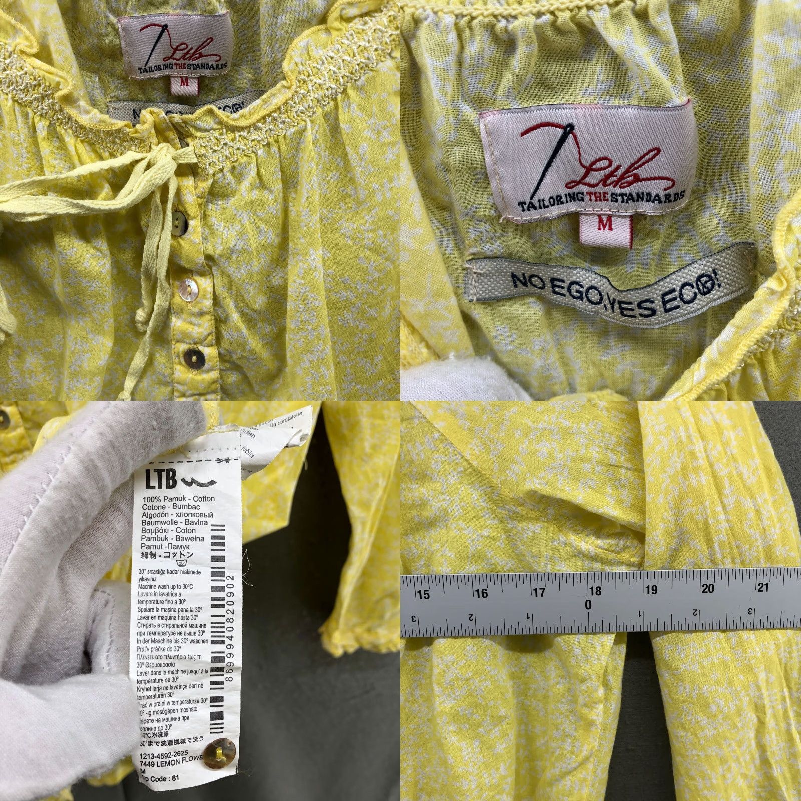 Vintage LTB Blouse Shirt Womens M Yellow Off Shoulder 3/4 Sleeve Lightweight Bohemian Floral Smocked Ruffle Top Size M / US 6-8 / IT 42-44 - 8 Thumbnail