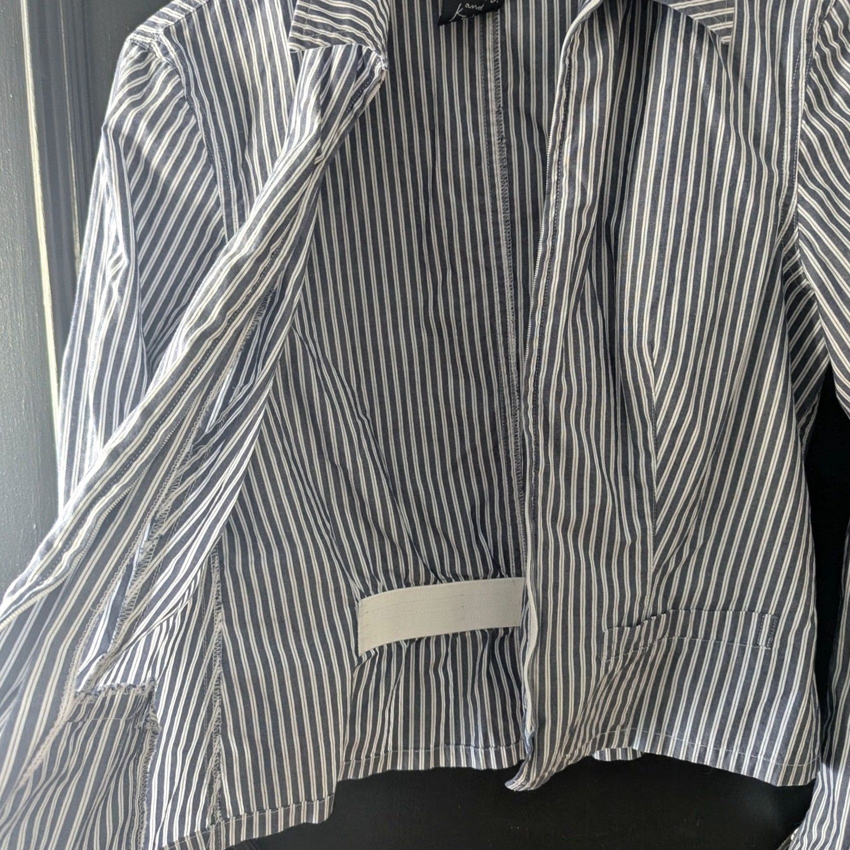 Vintage Dana B and Karen Striped Jacket Women's Size 6 Blue White Zip Front Collared Short Sleeve Elastic Waist Casual Workwear) Size M / US 6-8 / IT 42-44 - 3 Thumbnail