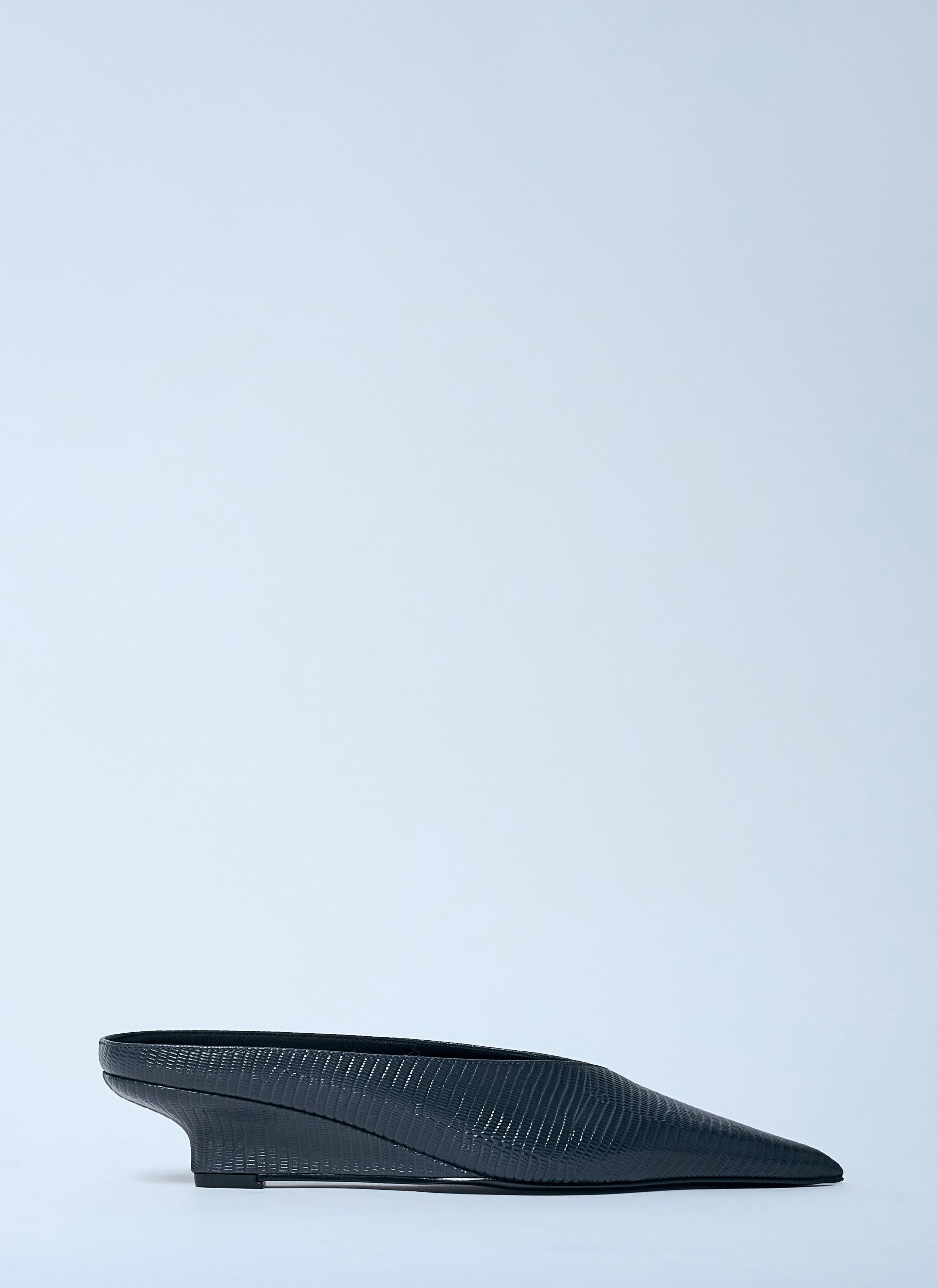 Sharp Lizard-Embossed Wedge Mules