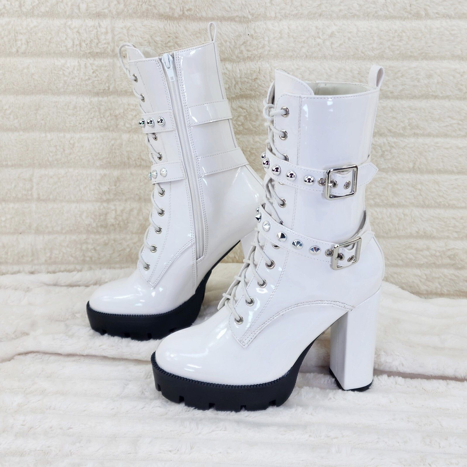 Other Bright White Patent Lug Sole Studded Strap Ankle Boots Tempt Size US 10 / IT 40 - 1 Thumbnail