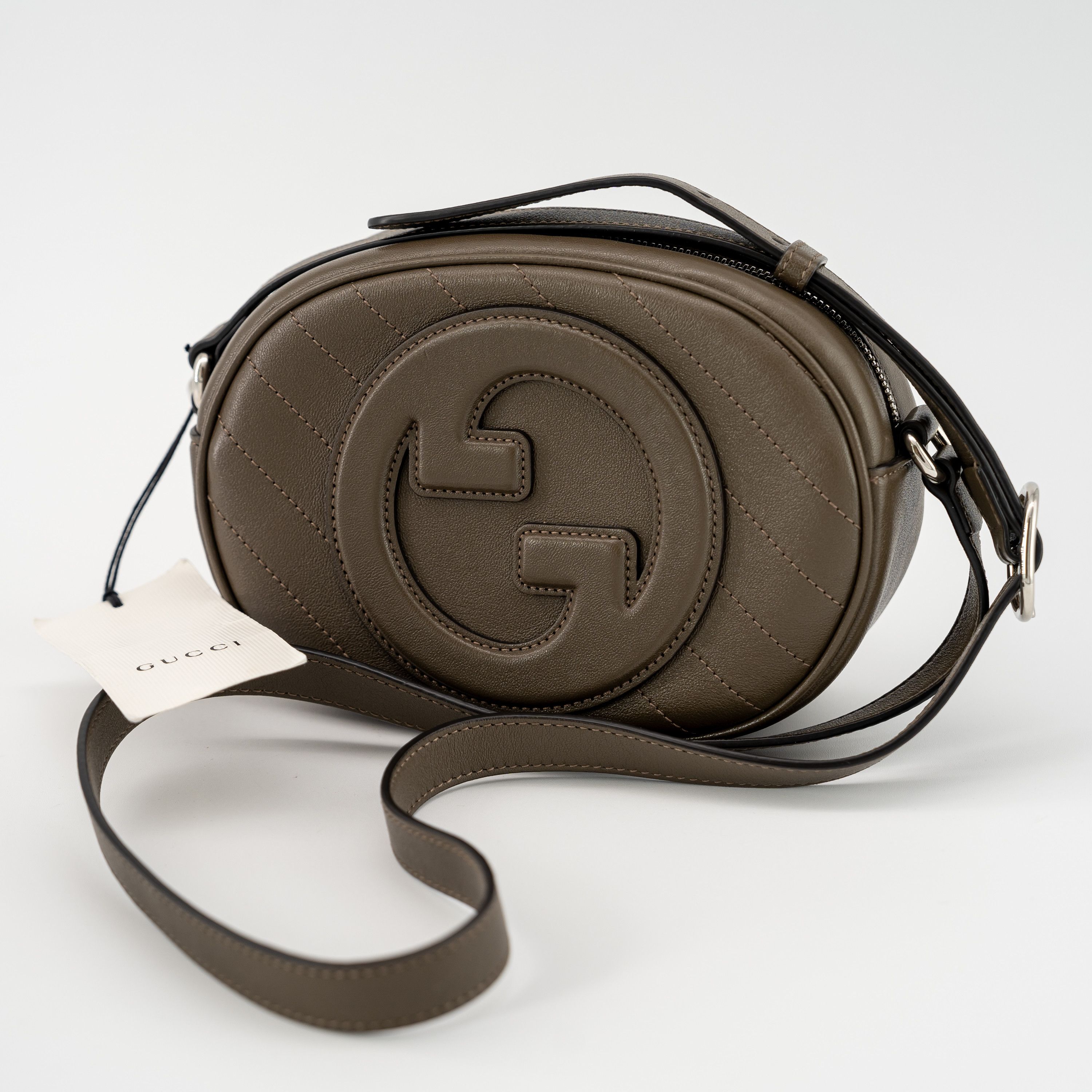Gucci Blondie Mini Shoulder Bag Grey Brown Leather GG Logo, Women's