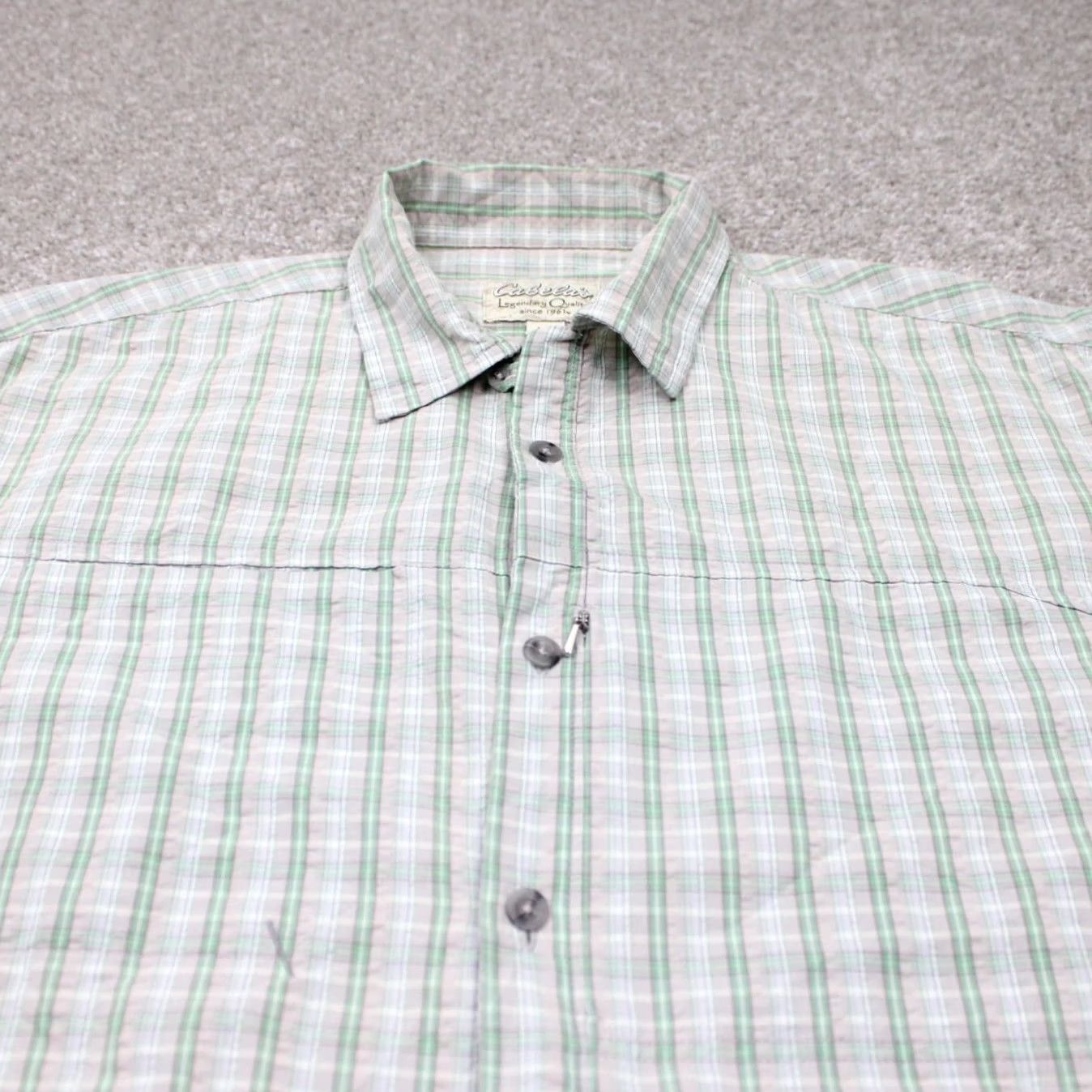 Vintage Cabela's Seersucker Shirt Mens Large Reg Green/Gray Plaid Short Sleeve Button Up Size US L / EU 52-54 / 3 - 4 Thumbnail