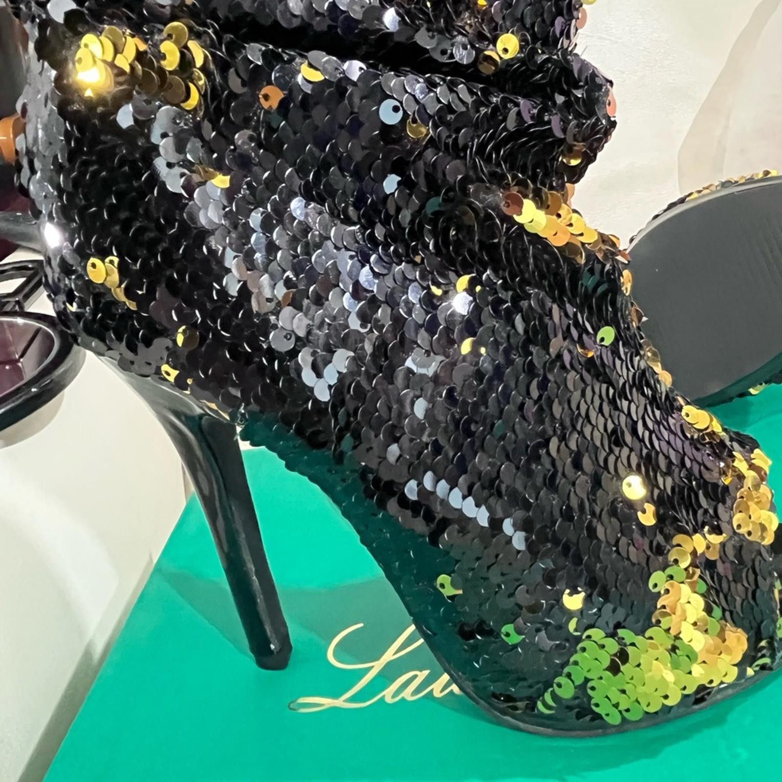 Other Lauren Lorraine Black and Gold Sequin Heeled Boots Size US 5.5 / IT 35.5 - 3 Thumbnail