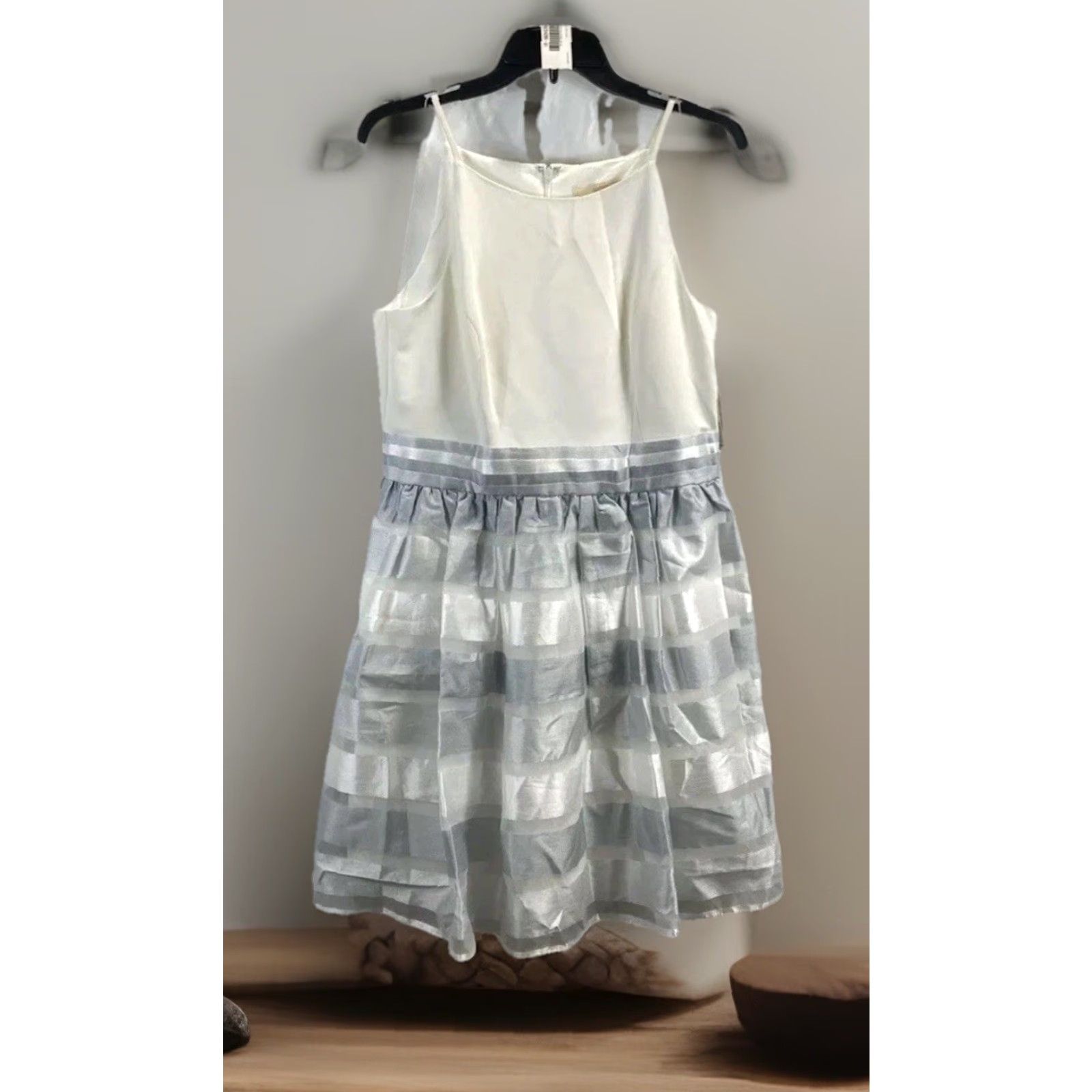 Vintage NEW NWT Aidan Mattox Women’s Dress Sleeveless White Gray Striped Fit & Flare Size 12 Party Cocktail Short Summer Size XL / US 12-14 / IT 48-50 - 2 Thumbnail