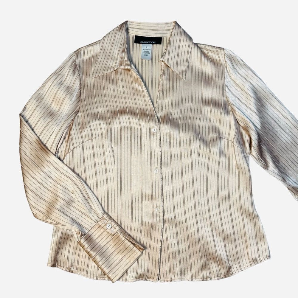 Jones New York Jones New York 100% Silk Long Sleeve Stripe Beige Blouse Si Size M / US 6-8 / IT 42-44 - 2 Thumbnail