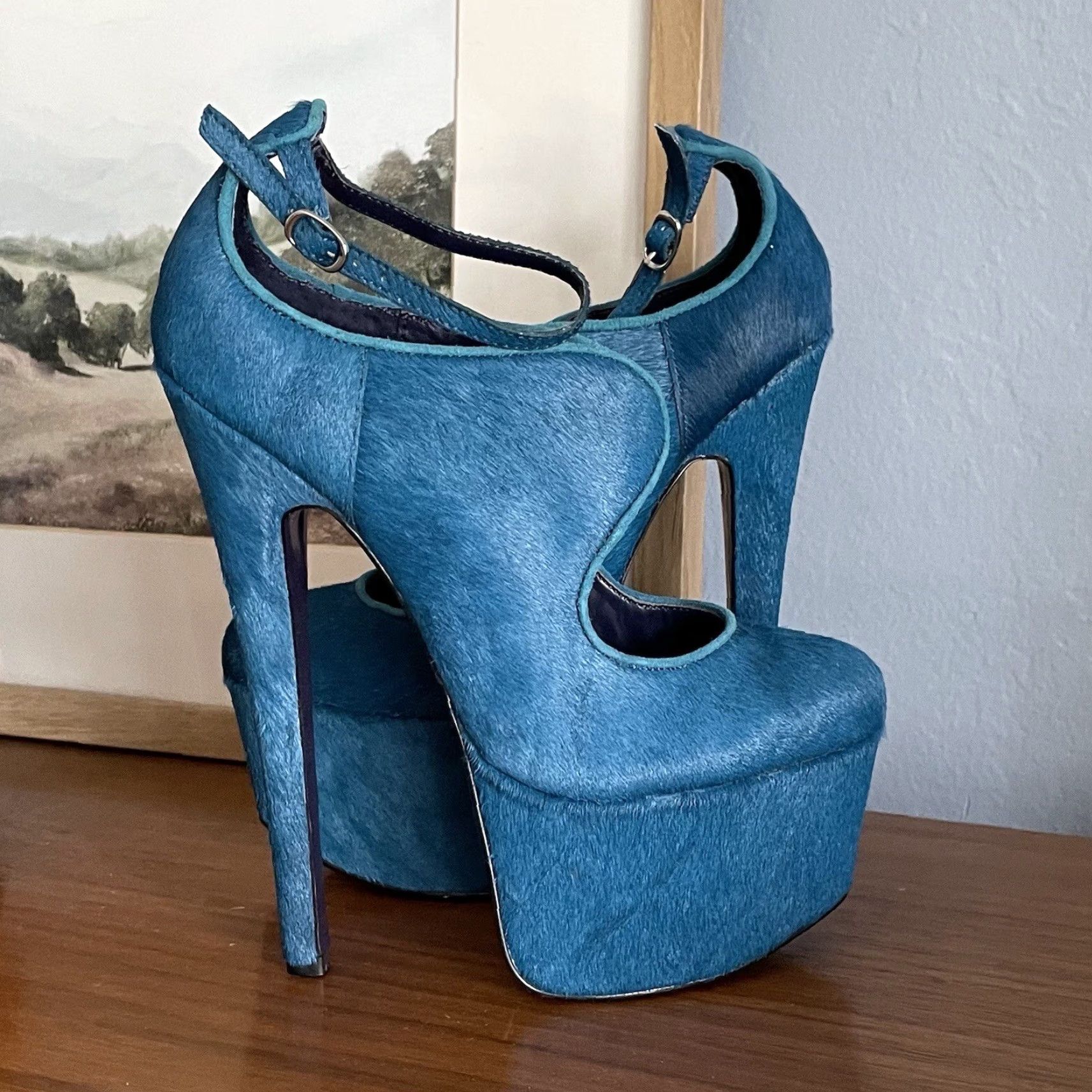 Altea VINTAGE London Trash Candy Cutout Stiletto Heels Teal Ankle Strap Fur Upper Leather Sz 6 Womens Shoes Size US 6 / IT 36 - 2 Thumbnail