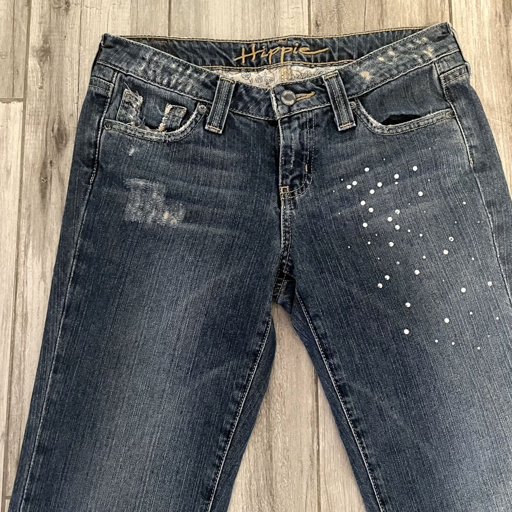 Vintage VINTAGE Hippie Jeans Women's 26R Rhinestone Bootcut Blue Denim Straight Leg Low Rise 30in Inseam Stars Size 26" / US 2 / IT 38 - 3 Thumbnail
