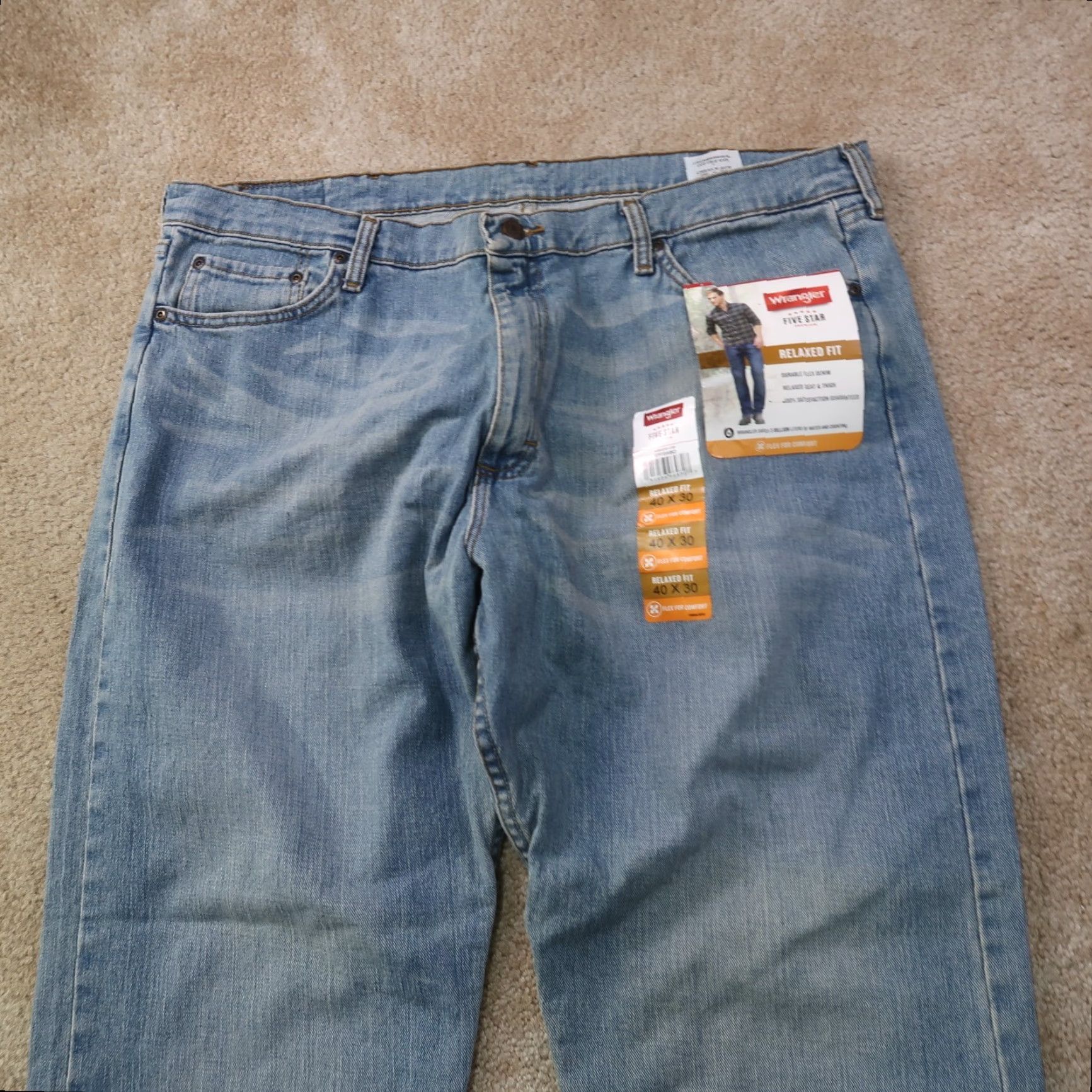 Wrangler Wrangler Jeans Men's 40x30 Blue Denim Relaxed Straight Leg 5-Pocket Logo Button Zip 40 in Inseam Machine Washable Jeans Size US 40 / EU 56 - 5 Thumbnail