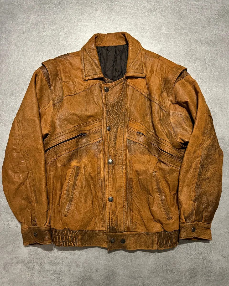 1990s Artisanal French Eroded Brown Leather Jacket with Detachable Sleeves