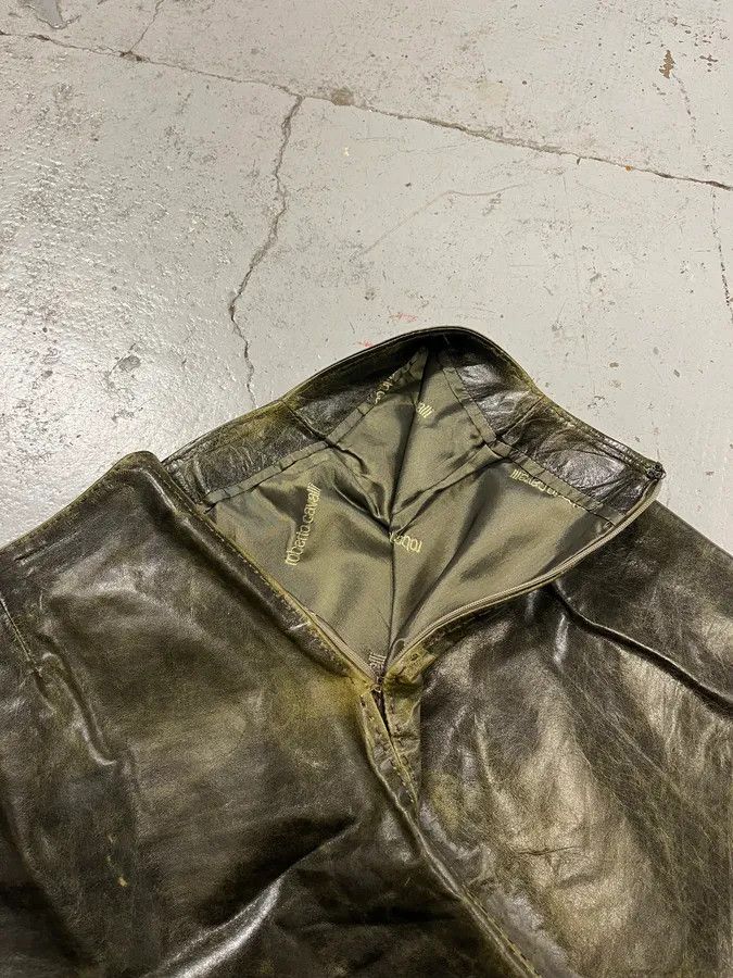 Roberto Cavalli SS2001 Roberto Cavalli Eroded Olive Leather Mini Skirt Size 28" / US 6 / IT 42 - 8 Thumbnail