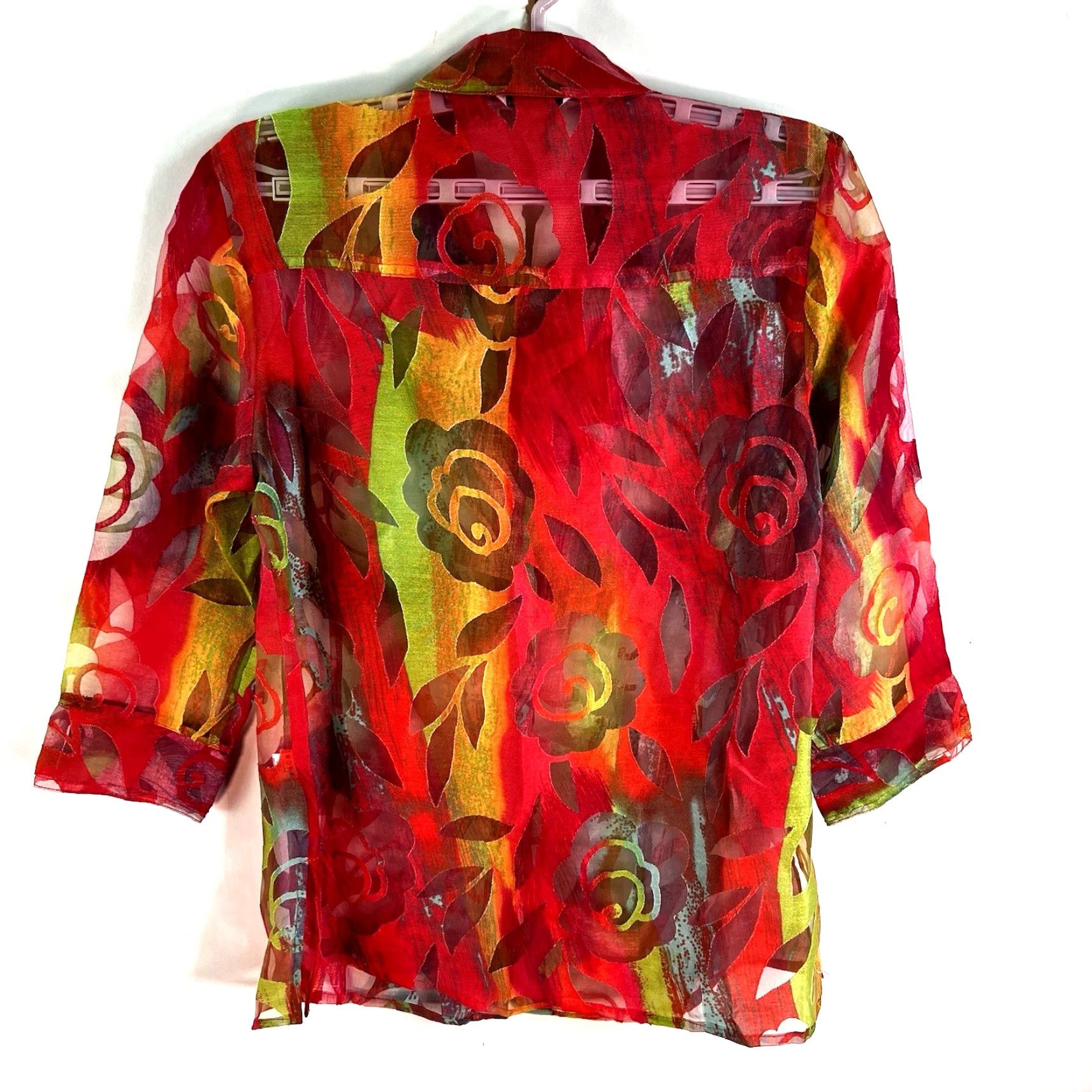 Vintage Erin London Blouse Button-Up Floral Linen Blend Shear Red Size 8 Size M / US 6-8 / IT 42-44 - 7 Thumbnail
